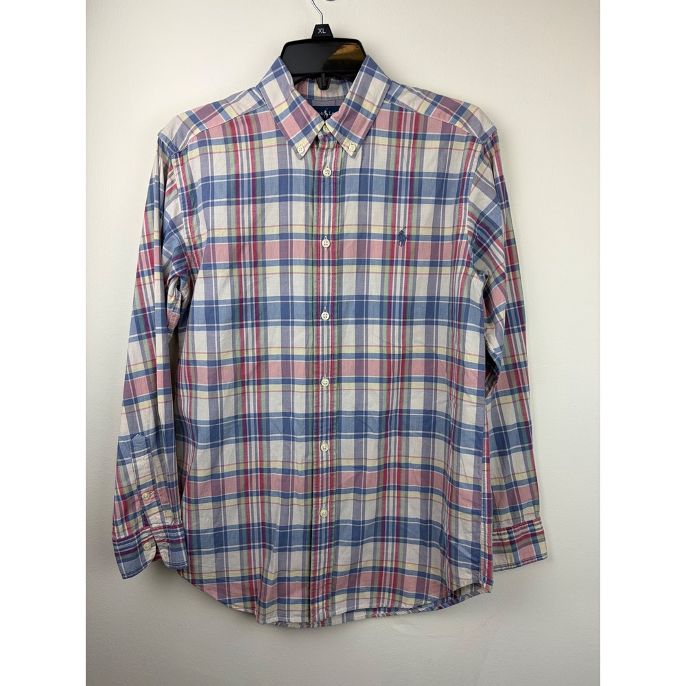 Ralph Lauren Shirt Boys L 14/16 Blue Pink Plaid Madras Long Sleeve Button Down